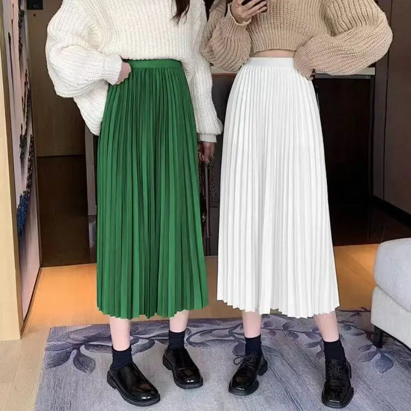 Women Summer Solid Pleated Satin Long Skirt Korean New Fashion Ladies Work Casual Elastic High Waist A Line Party Loose Skirts