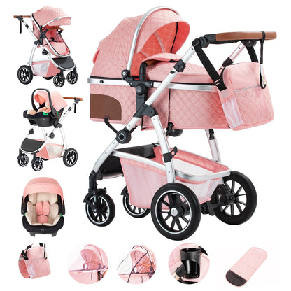Baby Stroller 3 in 1 Easy Folding Multifunctional Stroller Travel Portable Baby Carriage Safety Seat EU Standard Aluminum Frame