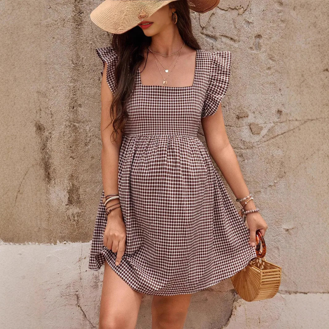 Dress for Pregnant Women 2025 Checkered Square Neck Women's Casual A-line Maternity Dress Short-sleeved Pregnancy Clothes