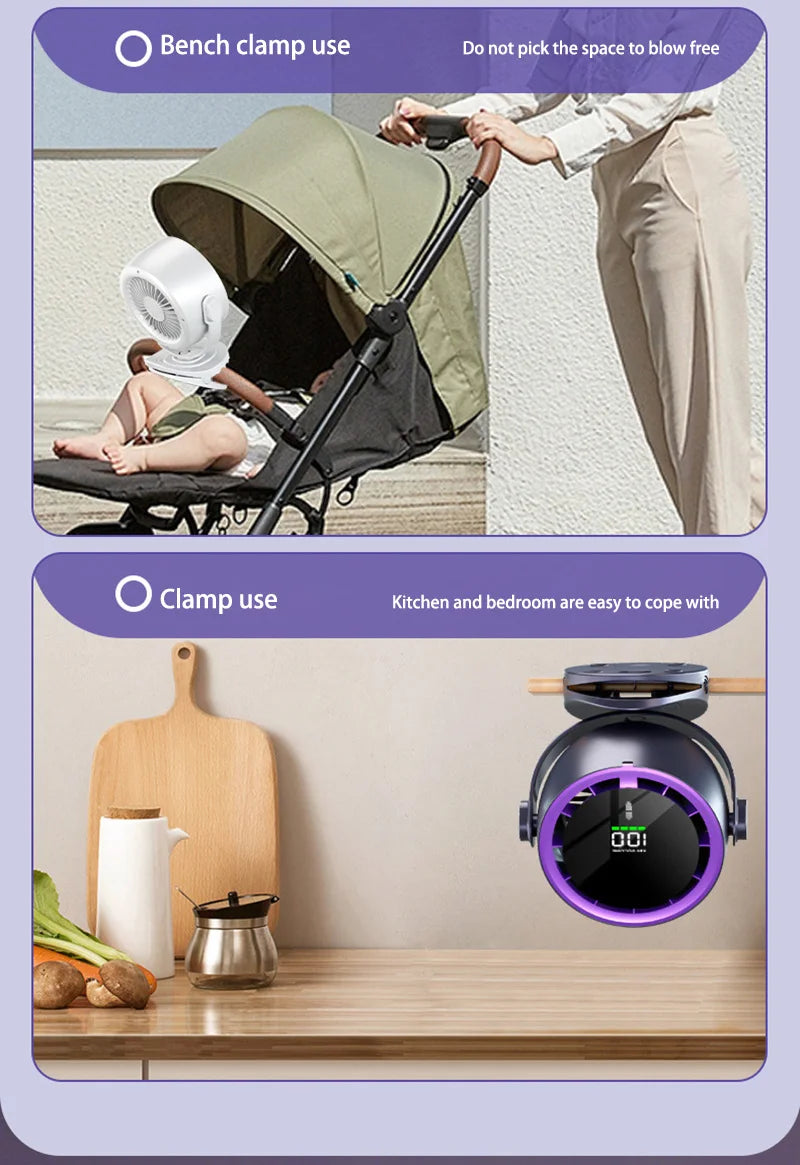 Mini Digital Display Fan Desktop Remote Control 720°Rotation Type-C Rechargeable Electric Fans Portable Wall Hanging With Clip