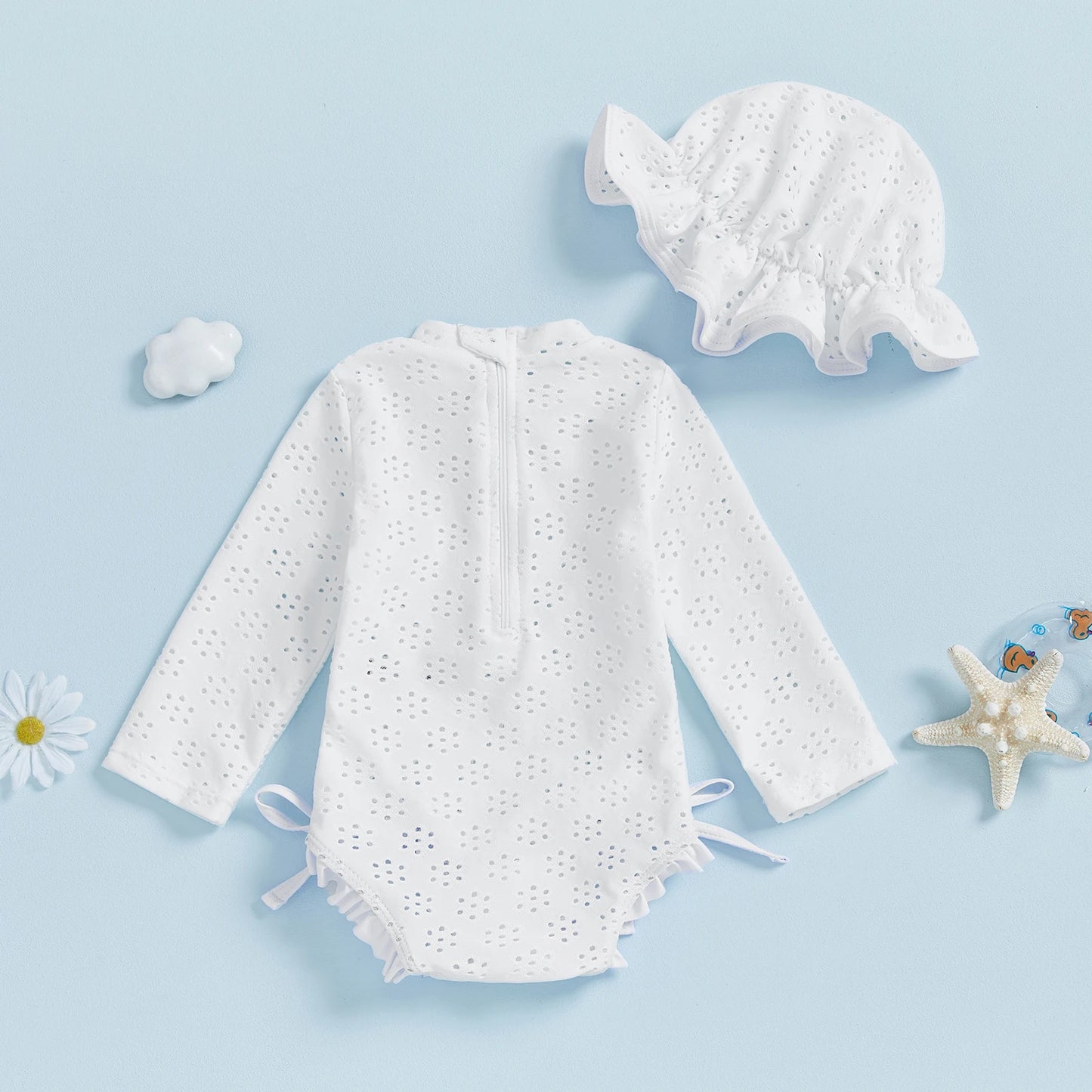 Infant Baby Girl Eyelet Swimsuit with Swimming Hat Toddler 2 Pcs Set Long Sleeve Round Neck Ruffled Romper Kids Bathing Suit