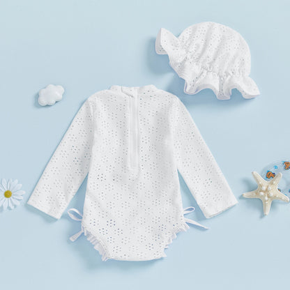 Infant Baby Girl Eyelet Swimsuit with Swimming Hat Toddler 2 Pcs Set Long Sleeve Round Neck Ruffled Romper Kids Bathing Suit