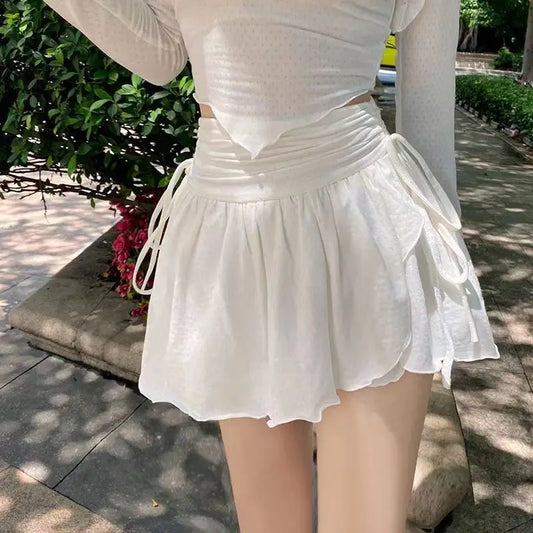 Y2k White Mini Skirt Women Drawstring Folds High Waist Irregular Ruffle Patchwork Skirts for Women Japan Style Sexy Cute Skirt