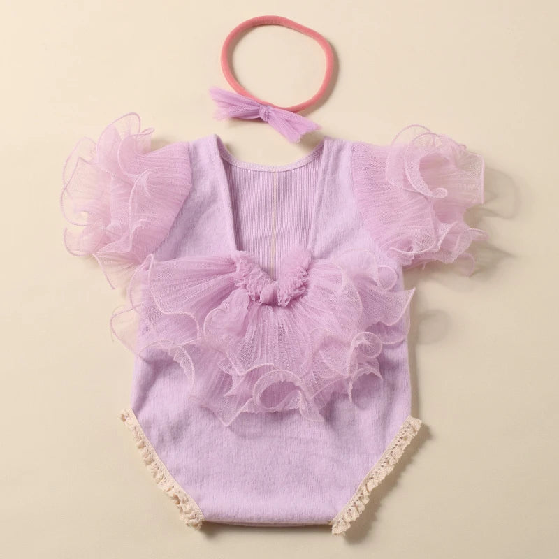 Ylsteed 2 Pieces Set Beige Newborn Photography Costume Lace Romper Bow Headband Set Baby Girl Photo Shooting Outfits