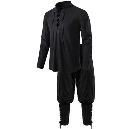 2Pcs Men's Medieval Knight Costume Set Renaissance Cosplay Pirate Shirts Ankle Banded Pants For Halloween Cotton Linen Fabric