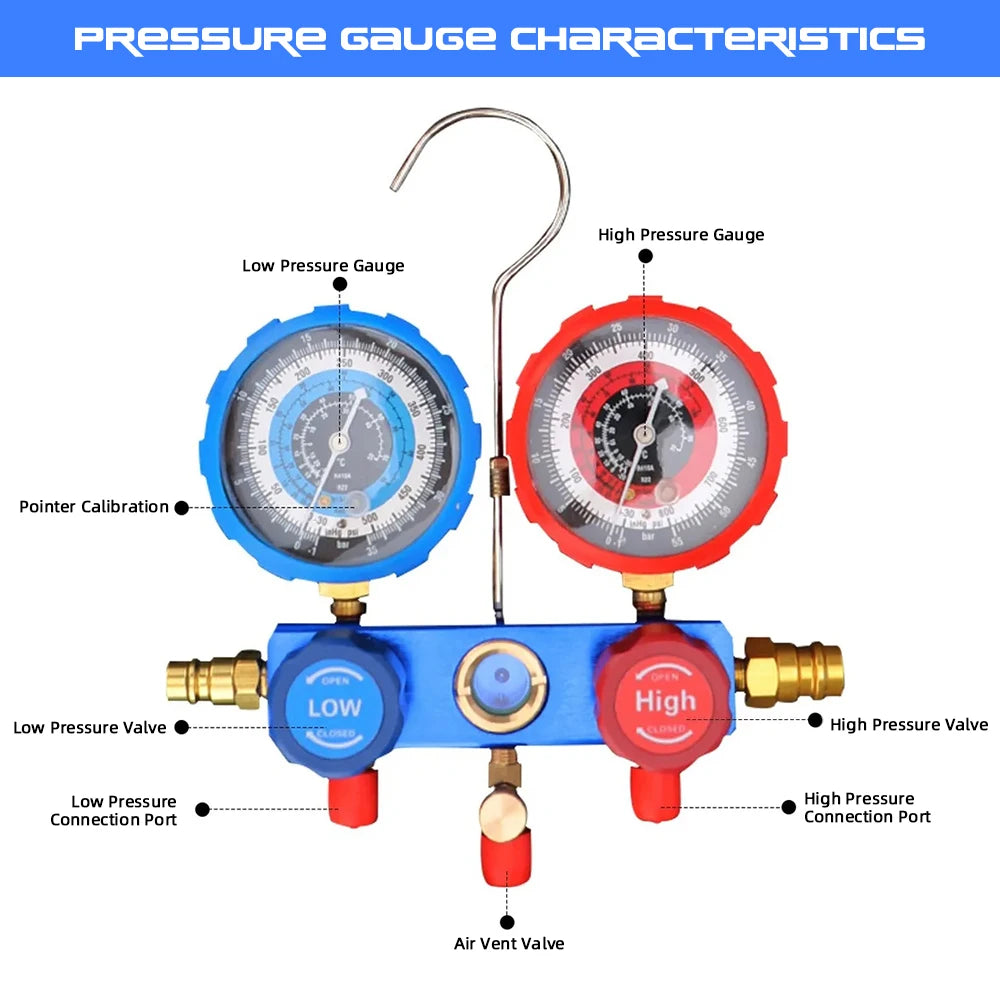 Podofo AC Manifold Gauge Set Car Air Conditioning Refrigerant Charging Tool AC Manifold Gauge Set with Hoses with Storage Box