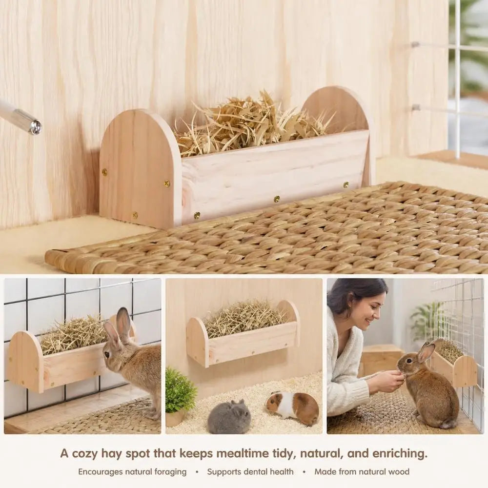 Solid Wood Hay Feeder For Rabbits Guinea Pigs Chinchillas, Natural Pine Grass Rack Prevents Contamination, Small Pet Food Dispenser Cage Accessory, 28x10x10 Cm