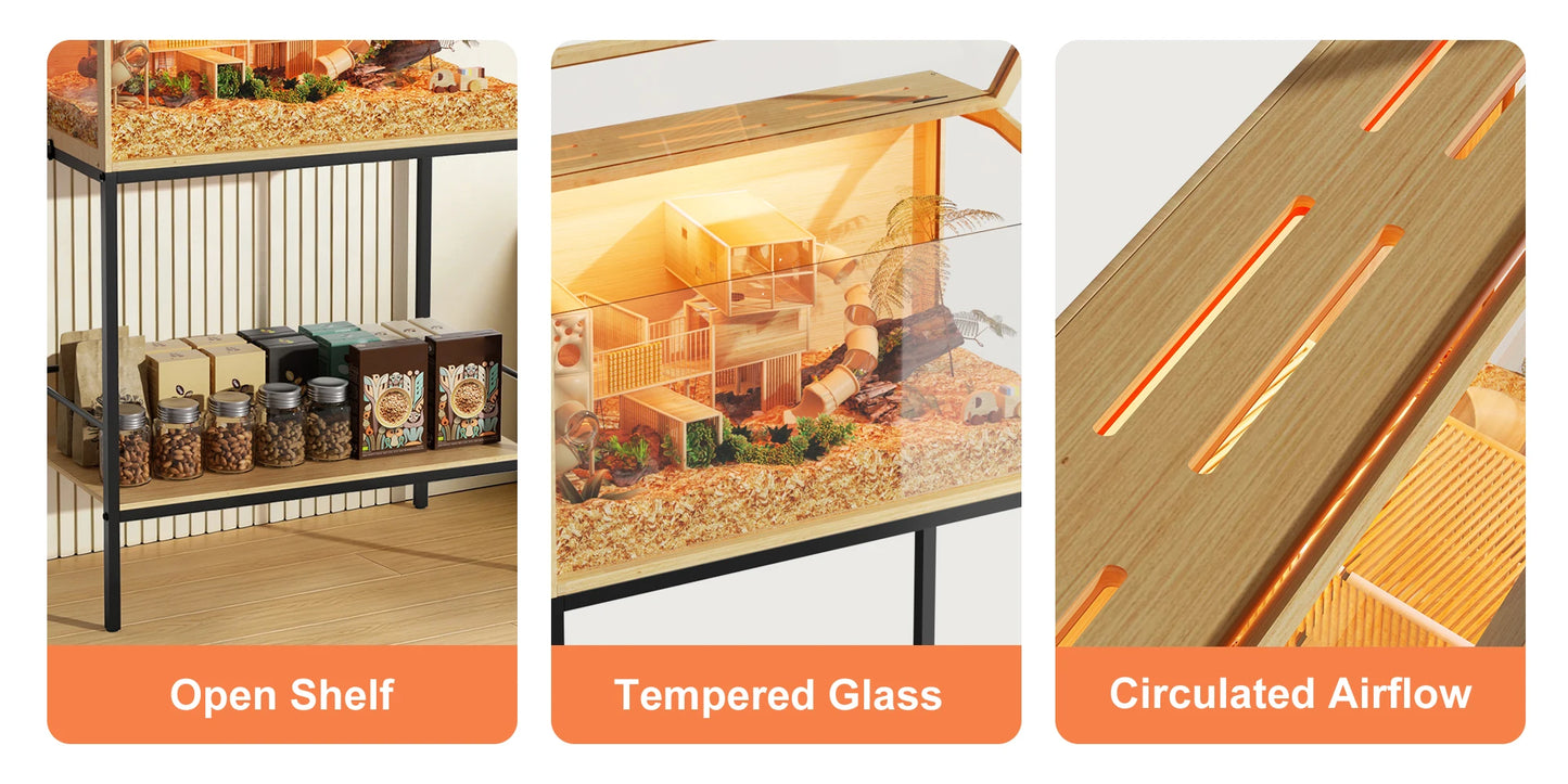 Large Wooden Hamster Cage Clear Tempered Glass Pet Small Animal Habitat Cage Playful Hutch House