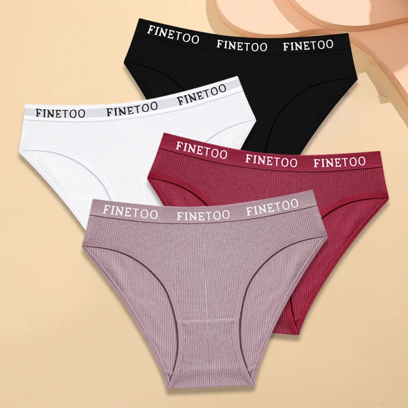 FINETOO 4Pcs Cotton Striped Underwear Women's Panties Letter Belt Briefs Ladies Low Waist Lingerie Solid Breathable Underpants