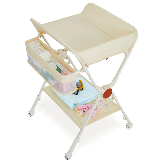 Himiss Folding Baby Changing Table Height Adjustable Metal & Fabric Large Storage Space Safety Belt Wheels for Newborns & Infants