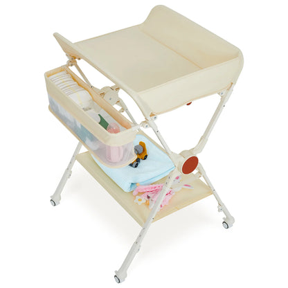 Himiss Folding Baby Changing Table Height Adjustable Metal & Fabric Large Storage Space Safety Belt Wheels for Newborns & Infants