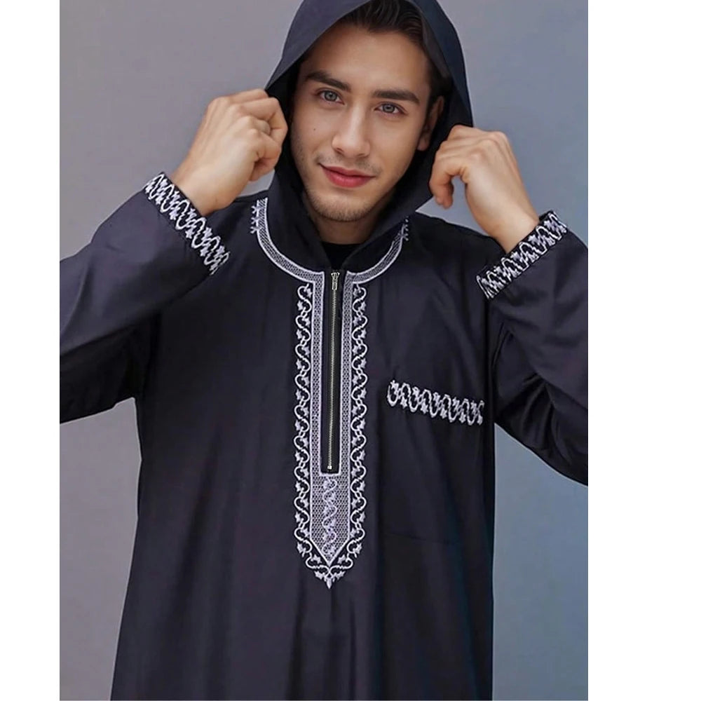 Men's Ethnic Pattern Embroidery Zipper Hooded Robe Traditional Long Sleeve Pocket Jubba Thobe for Daily Wear Man Islamic Thobe
