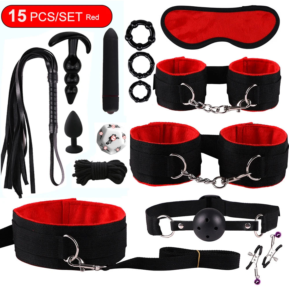 Hot Exotic Bed Bondage Set BDSM Kits Exotic Sex Toys For Women  Adults Games Leather Handcuffs Whip Gag Nipple Clamps Sex Shop