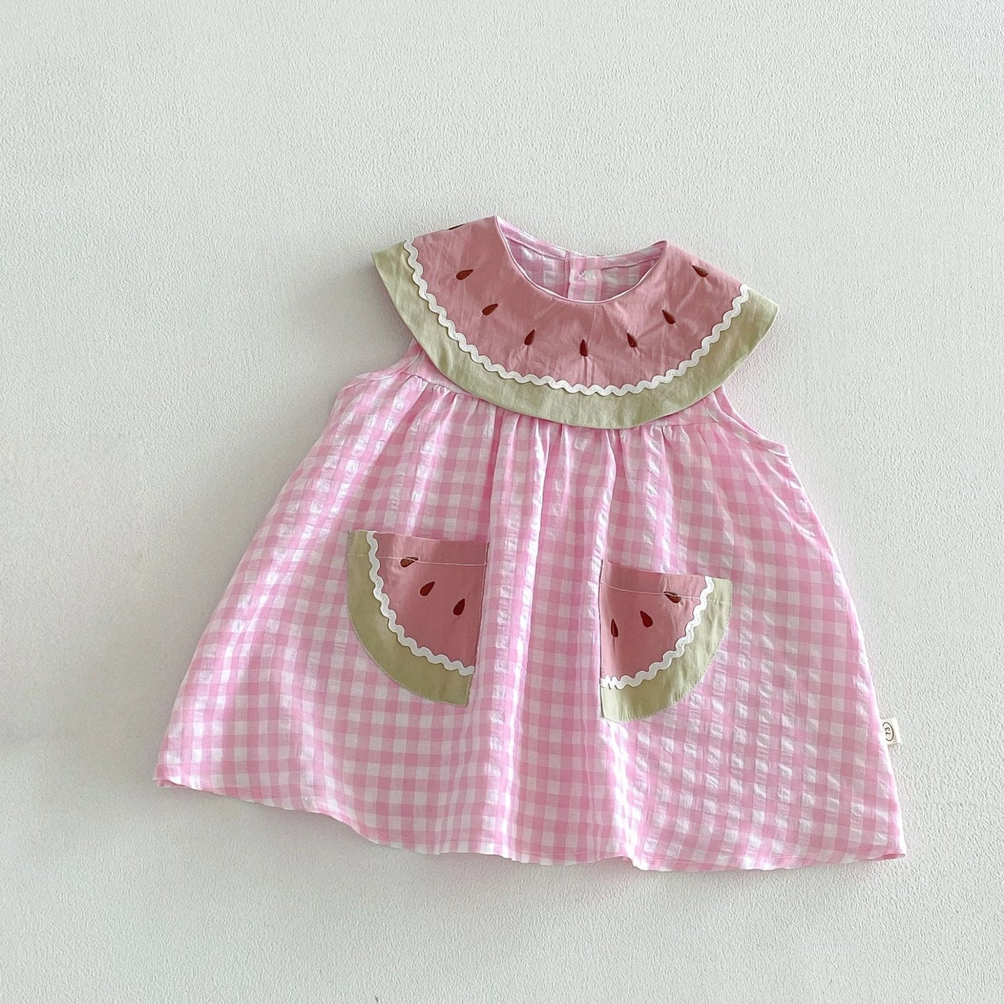 2026 Summer Childrens Clothes Watermelon Collar Baby Bodysuit with Patch Pockets Pink-white Check Girls Dress