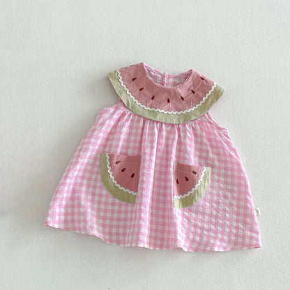 2026 Summer Childrens Clothes Watermelon Collar Baby Bodysuit with Patch Pockets Pink-white Check Girls Dress