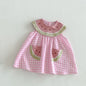 2026 Summer Childrens Clothes Watermelon Collar Baby Bodysuit with Patch Pockets Pink-white Check Girls Dress