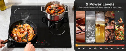 6000W Built-in Ceramic Hob, 4 Zone Induction Cooktop with Touch Control, 9 Power Levels, Timer & Child Lock, 60cm Black Glass