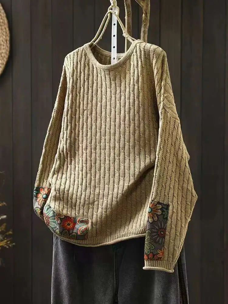 Winter Fall Fashion Vintage Sweater Women's O-neck Loose Casual Lazy-style Casual Pullover Tops Flower Print Patchwork Knitwear