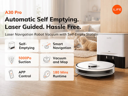 ILIFE A30 Pro Robot Vacuum Cleaner with Automatic Self-Emptying Station, 5000Pa Strong Suction, LDS Navigation, 180min Runtime, 2-in-1 Mop and Sweep, APP Control  ,Home Floor Carpet Clean