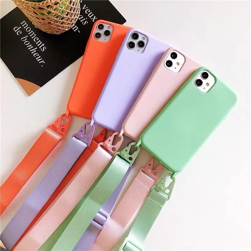 2024 Silicone Lanyard Phone Case For iPhone 12 13 Mini 14 15 16 Pro Max X XR XS Cover With Neck Strap Crossbody Necklace Cord