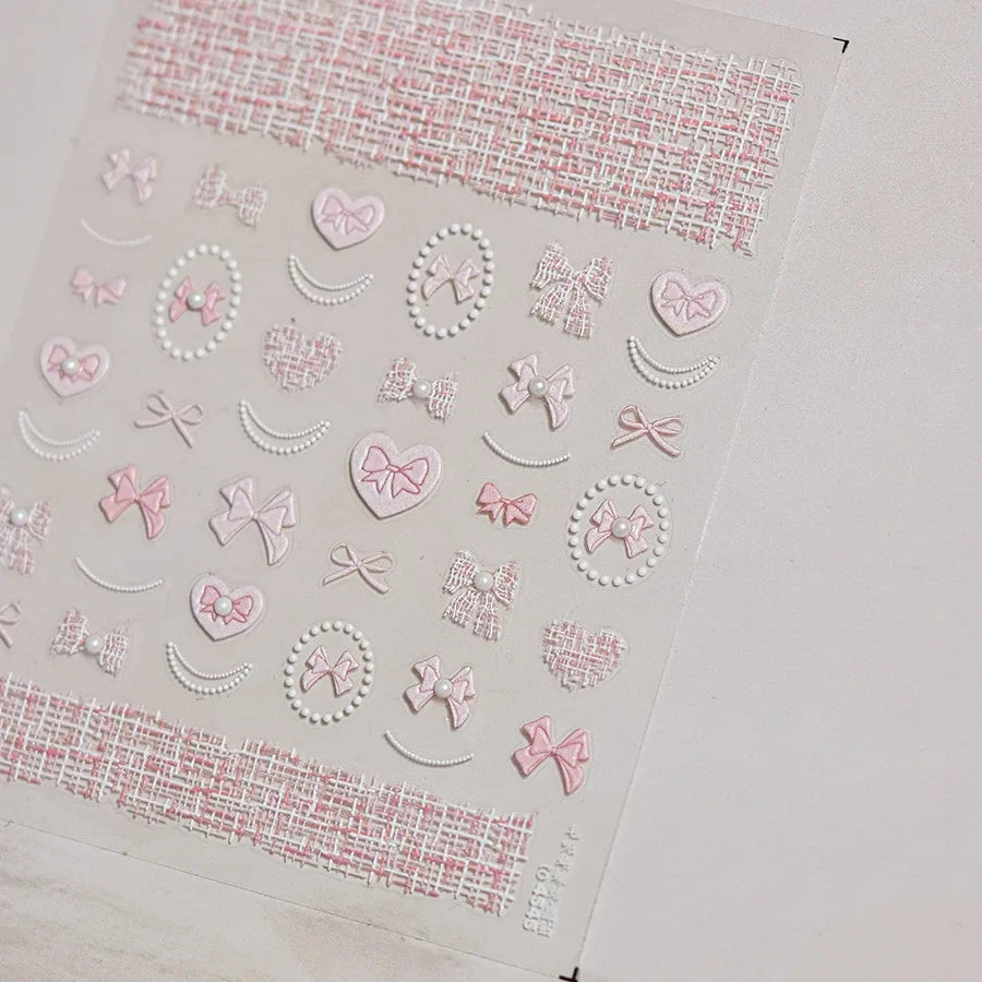 5D Pink White Black Bowknot Ribbon Pearl Sweet Bow Nail Sticker Adhesive Nail Art Decoration Parts Stickers Manicure Decals