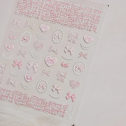 5D Pink White Black Bowknot Ribbon Pearl Sweet Bow Nail Sticker Adhesive Nail Art Decoration Parts Stickers Manicure Decals