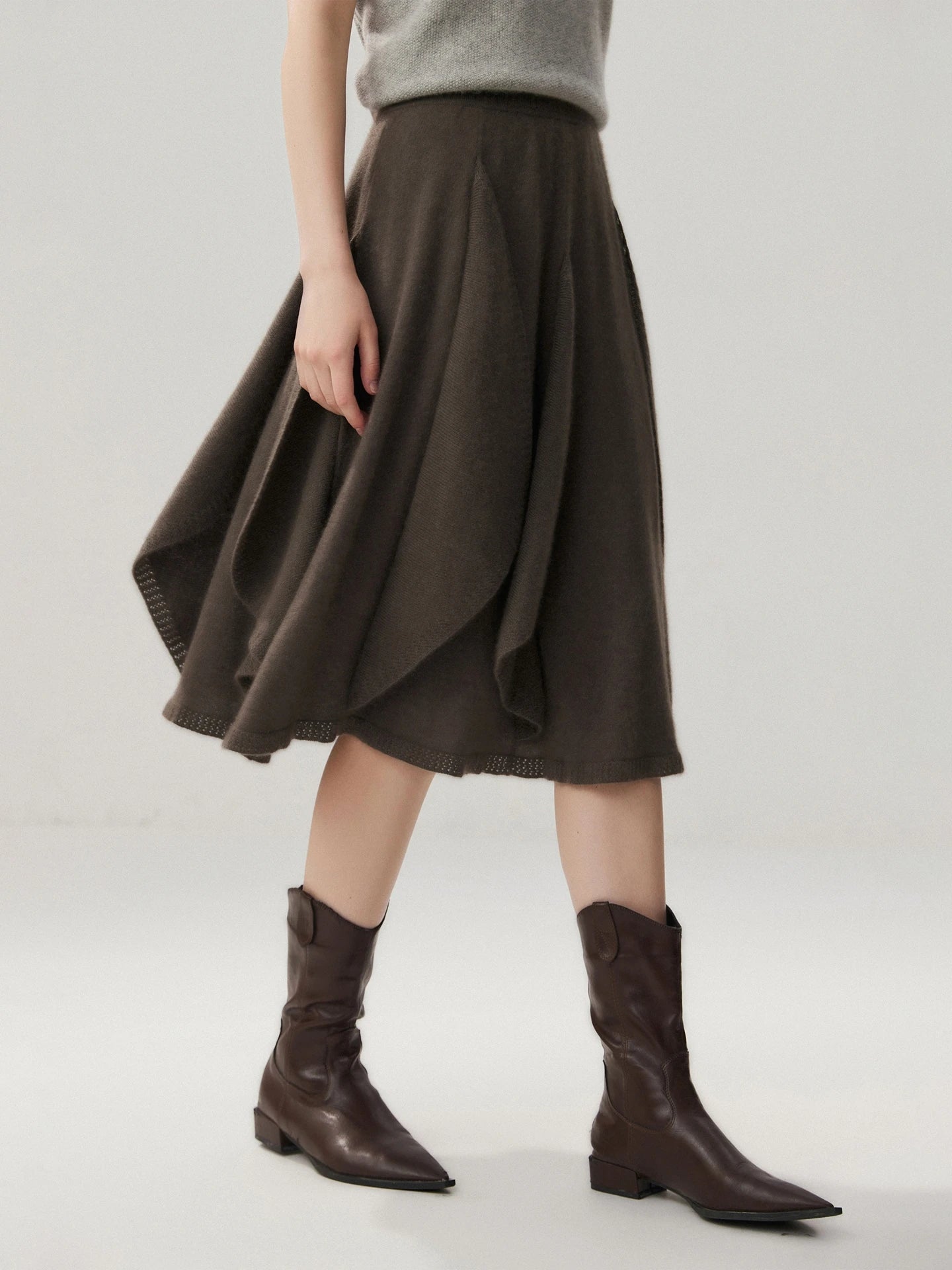 French 100% Pure Cashmere Skirt Ruffle Irregular A-line Soild Midi Sirt Autumn Winter Women Elegant Pleated  Knit Dress Fashion