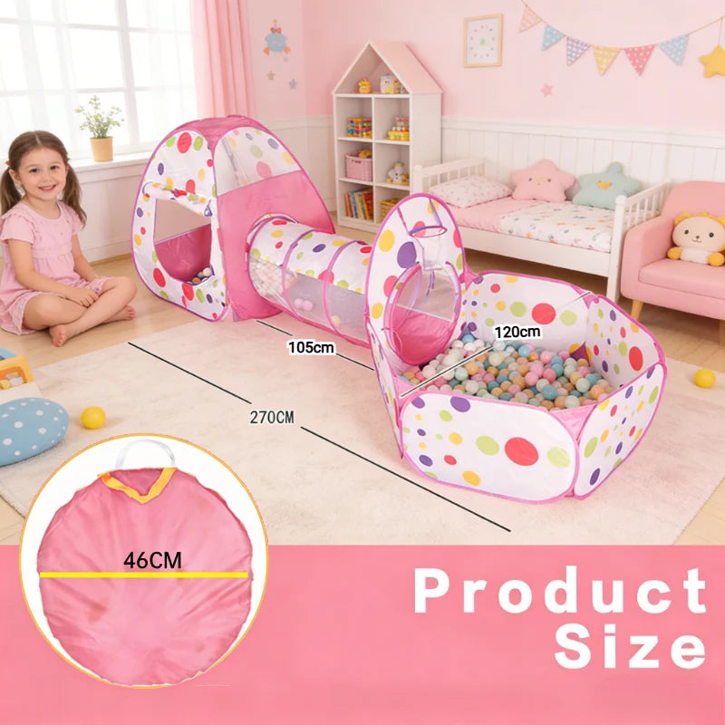 Pink Kids Tent with Tunnel & Ball Pit, Princess Play Tent for Girls, Indoor Outdoor Baby Ball Pit Playhouse with Basketball Hoop