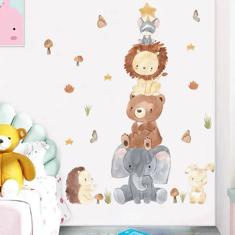 Cute Forest Animals Wall Stickers for Kids Rooms Children Boys Girls Baby Room Decoration Nursery Wallpaper Vinyl Elephant Lion