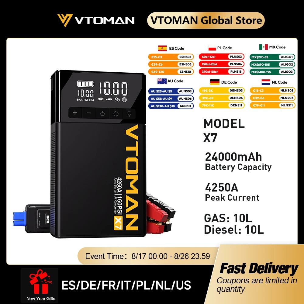 VTOMAN X7 4-in-1 Car Jump Starter 4250A - 160 PSI Air Compressor, 12V Car Battery Booster & Portable Power Bank