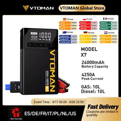 VTOMAN X7 4-in-1 Car Jump Starter 4250A - 160 PSI Air Compressor, 12V Car Battery Booster & Portable Power Bank