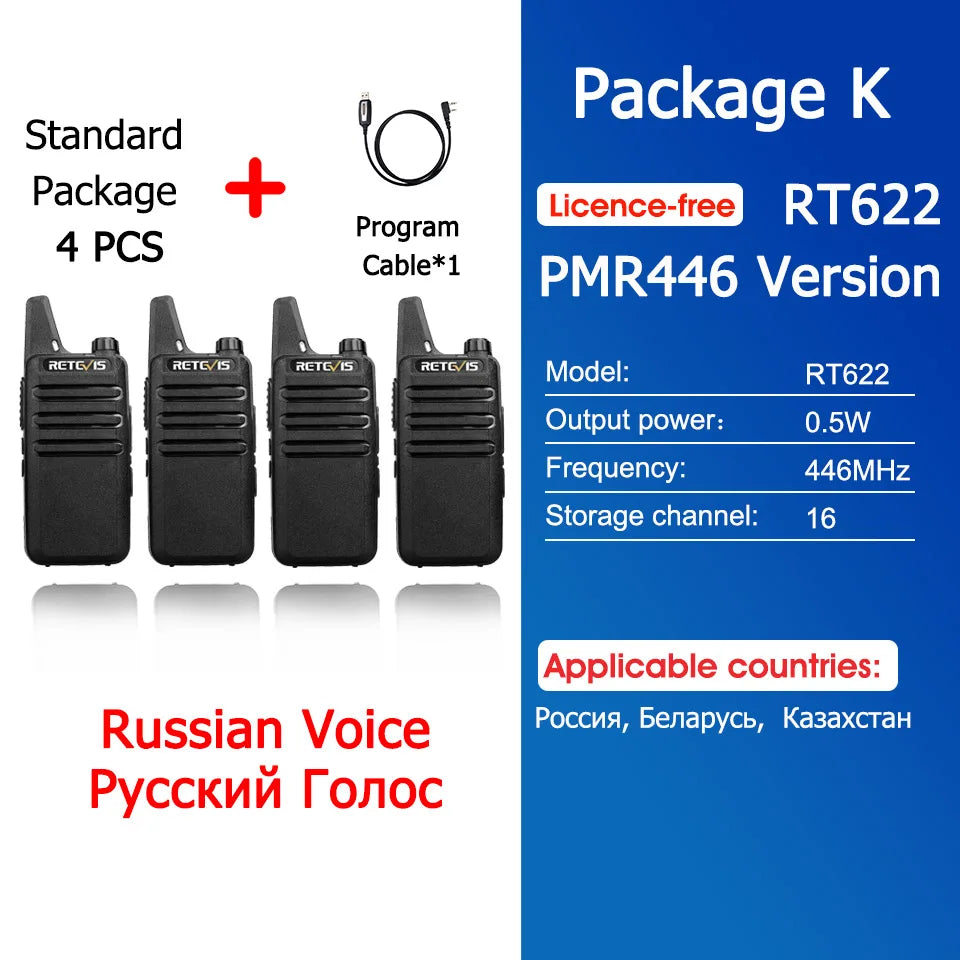 Retevis RT622 Mini Walkie Talkie 4 Pcs Walkie-talkies PMR446 FRS Portable Two Way Radio Communication Radio for Restaurant Hotel