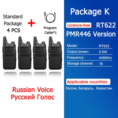 Retevis RT622 Mini Walkie Talkie 4 Pcs Walkie-talkies PMR446 FRS Portable Two Way Radio Communication Radio for Restaurant Hotel