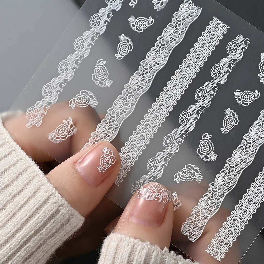 2pcs Y2K White Lace 5D Nail Art Stickers White Embossed Flowers Petals Elegant French Decals Wedding Nails Manicure Decorations*