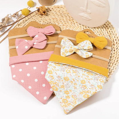 3Pcs/Set Muslin Cotton Print Bib Newborn Bows Headband Triangle Saliva Towel Infant Boy Girl Feeding Burp Baby Hair Accessories