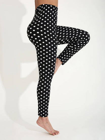 Four Seasons European  American Casual Women's Black Leggings  High Stretch Tight Pants White Polka Dot Pattern Cropped Pants