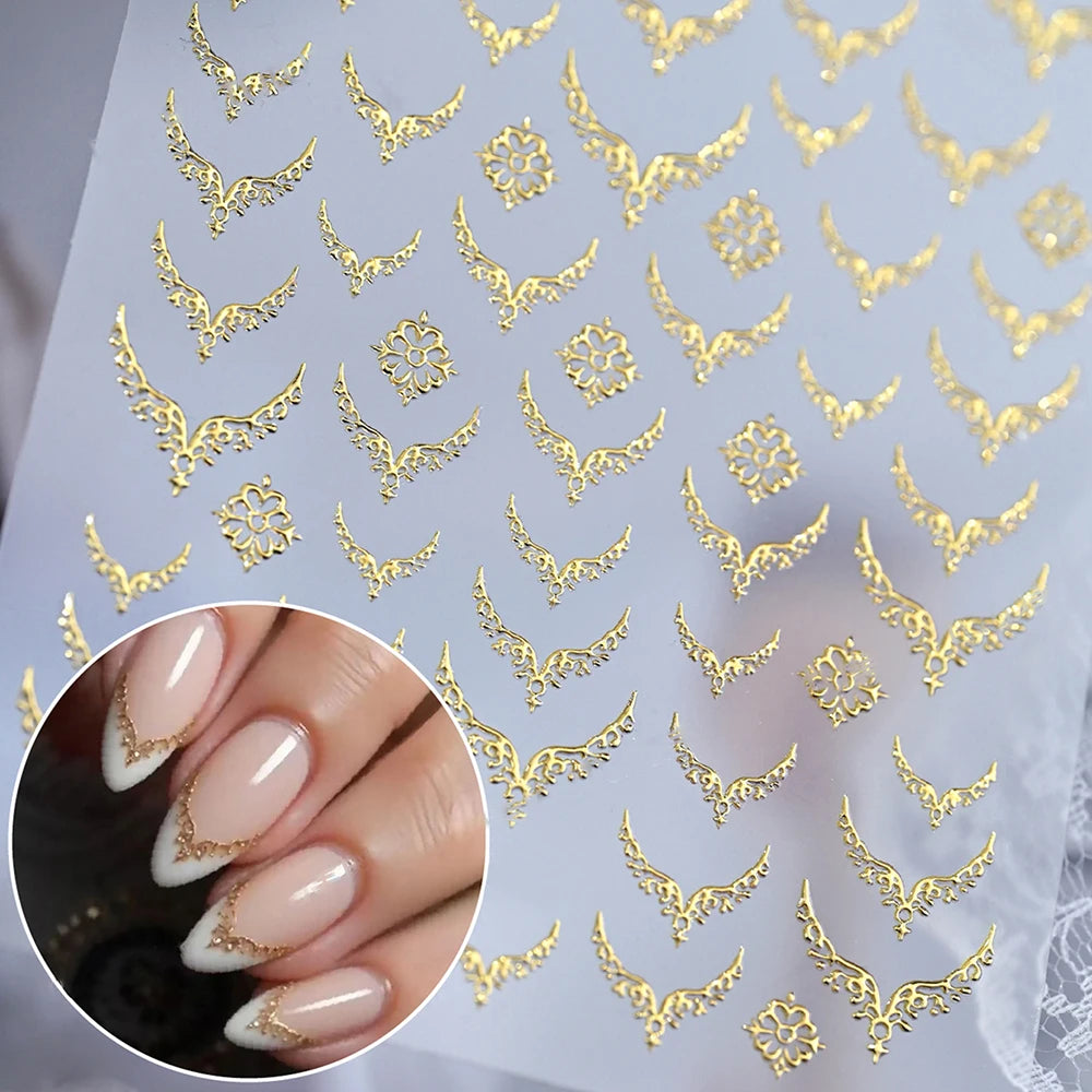 3D Gold Stamping V-Shaped French Tips Nail Art Stickers Retro Metal French Line Nail Decals Chrome Curved Strip Nail Decoration