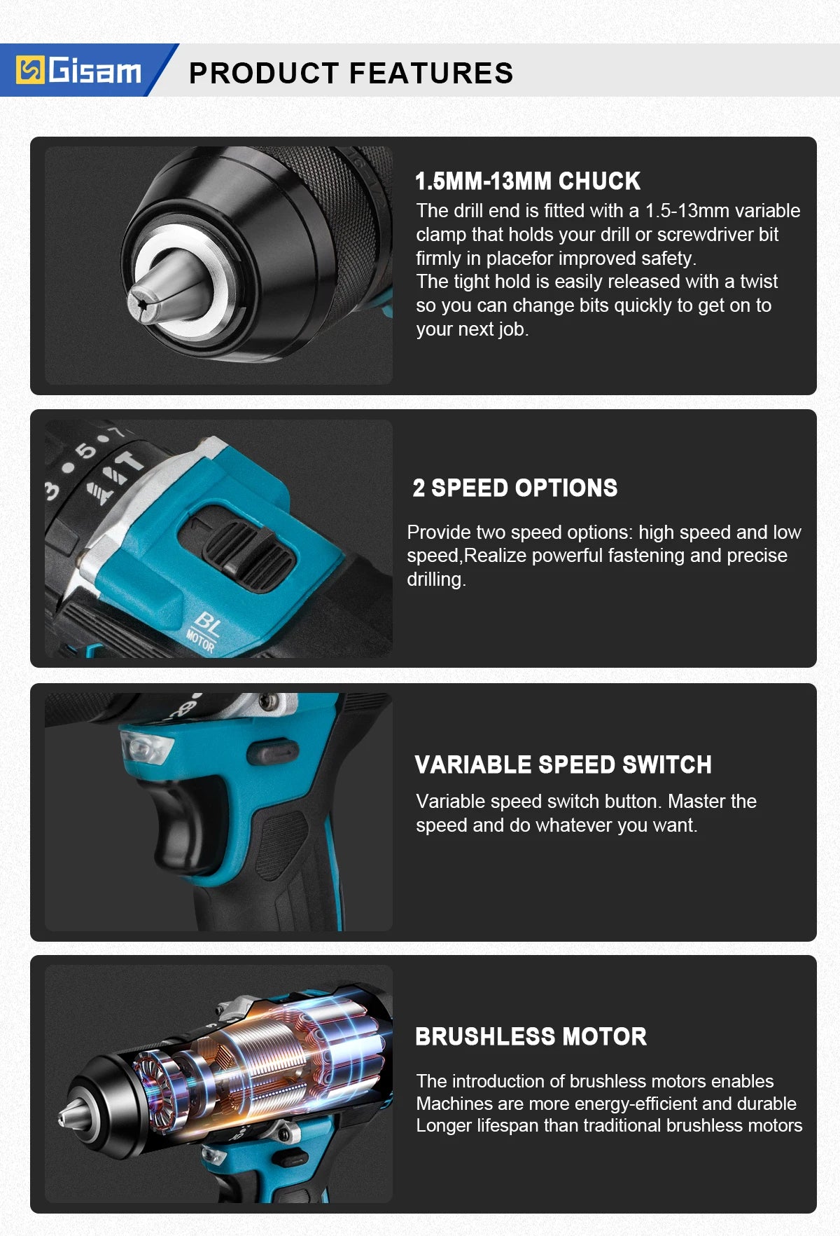 GIsam 13mm Electric Drill Brushless Impact Screwdriver Dual Speed 35+3 Torque Cordless Power Tool for Makita 18V Battery Pins