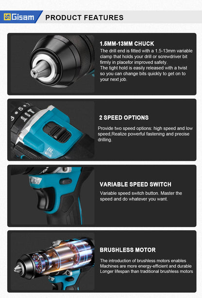 GIsam 13mm Electric Drill Brushless Impact Screwdriver Dual Speed 35+3 Torque Cordless Power Tool for Makita 18V Battery Pins
