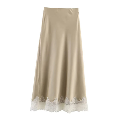Willshela Women Fashion Solid Lace Side Hem Pleated A-Line Midi Skirt Vintage High Elastic Waist Female Chic Lady Skirts