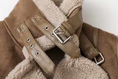 Winter Faux Shearling Sheepskin Fake Leather Jackets Lady Thick Warm Suede Lambs Motorcycle Brown Coats Mujer Chaqueta A407