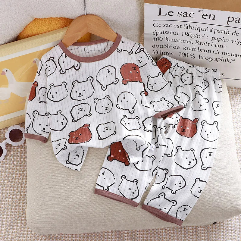 1Set Summer Pour Cotton Boy Girl Outfit Baby Infant T-shirt+Pant Set Kid Cartoon Clothe Set Children Solid Air Conditioning Suit