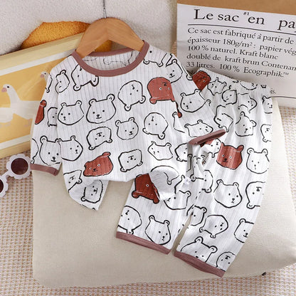 1Set Summer Pour Cotton Boy Girl Outfit Baby Infant T-shirt+Pant Set Kid Cartoon Clothe Set Children Solid Air Conditioning Suit