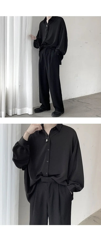 Korean Style Men's Long-sleeved Shirts Black Tie Cozy Casual Solid Oversize Blouses Breathable Loose Shirt Harajuku Male Clothes