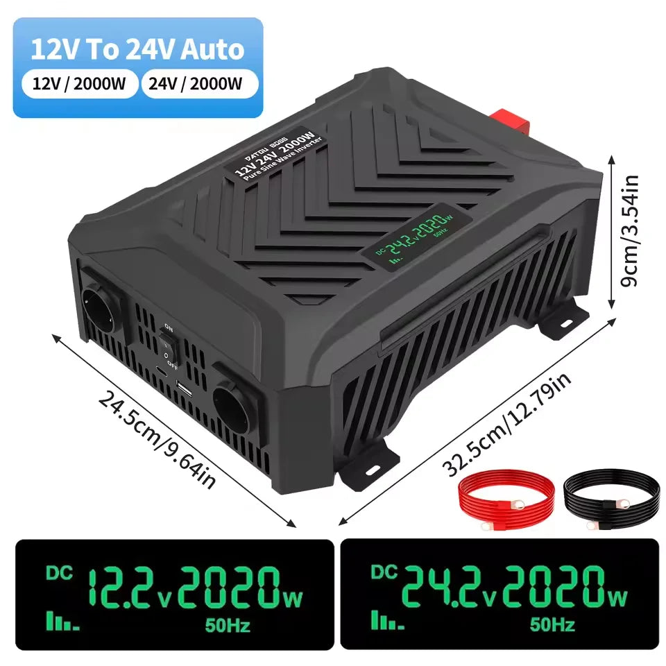 DATOUBOSS 2000W Pure Sine Wave Inverter DC12V-24V Auto Switching Portable Dual Voltage Car Inverter for RV Off-Grid Solar System