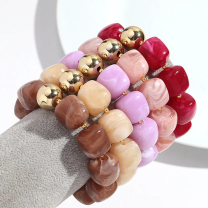 Acrylic Square Beads Elastic Bracelets for Women Boho Irregular Stone Shape Beaded Handmade Bracelet Bangle Retro Jewelry Gifts