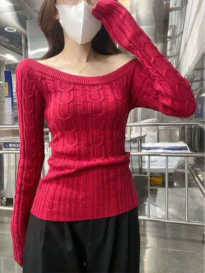 Casual Off shoulder Rib Knit Sweater Pull Women Long sleeve Top Basic Tees White Slim Pullovers Lady Sexy One Shoulder New