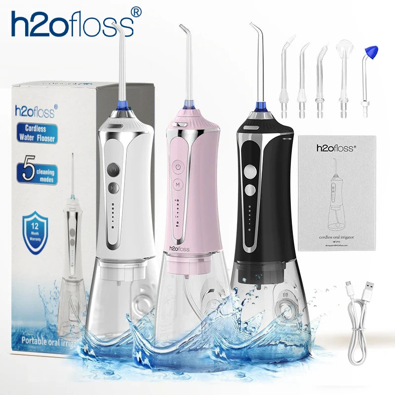 H2ofloss Oral Irrigator Water Flosser 140PSI High Pressure Water-Proof Design 300ml 5 Modes 5 Nozzles for Dental Cleaning