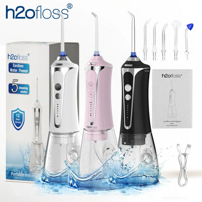 H2ofloss Oral Irrigator Water Flosser 140PSI High Pressure Water-Proof Design 300ml 5 Modes 5 Nozzles for Dental Cleaning