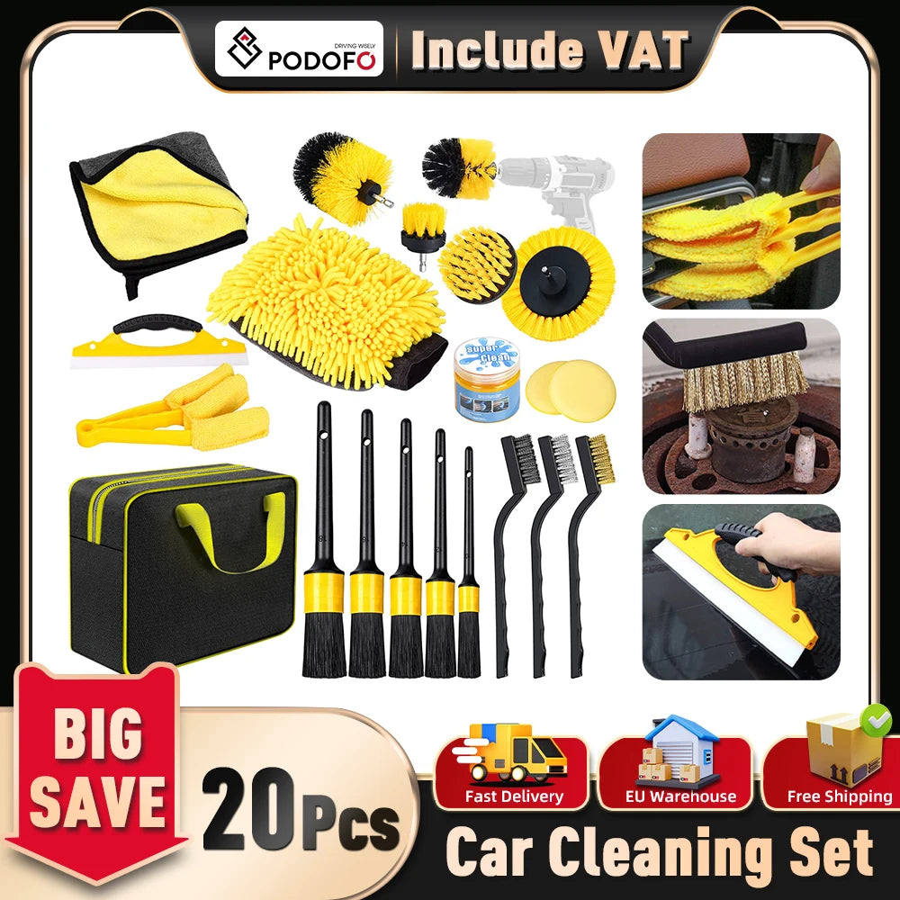 Podofo 20 Pcss Car Cleaning Set  Electric Drill Bit with Cleaning Brush Frosting Brush Accessory  Cleaning Comprehensive Accessories Tool Kit Car Cleaning Gel Lint-Free